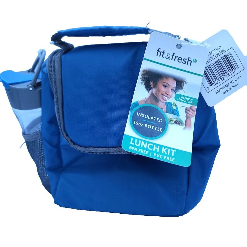 Fit & Fresh Insulated Lunch Bag Kit With 16 oz Bottle Blue Unisex Zip Top NWT